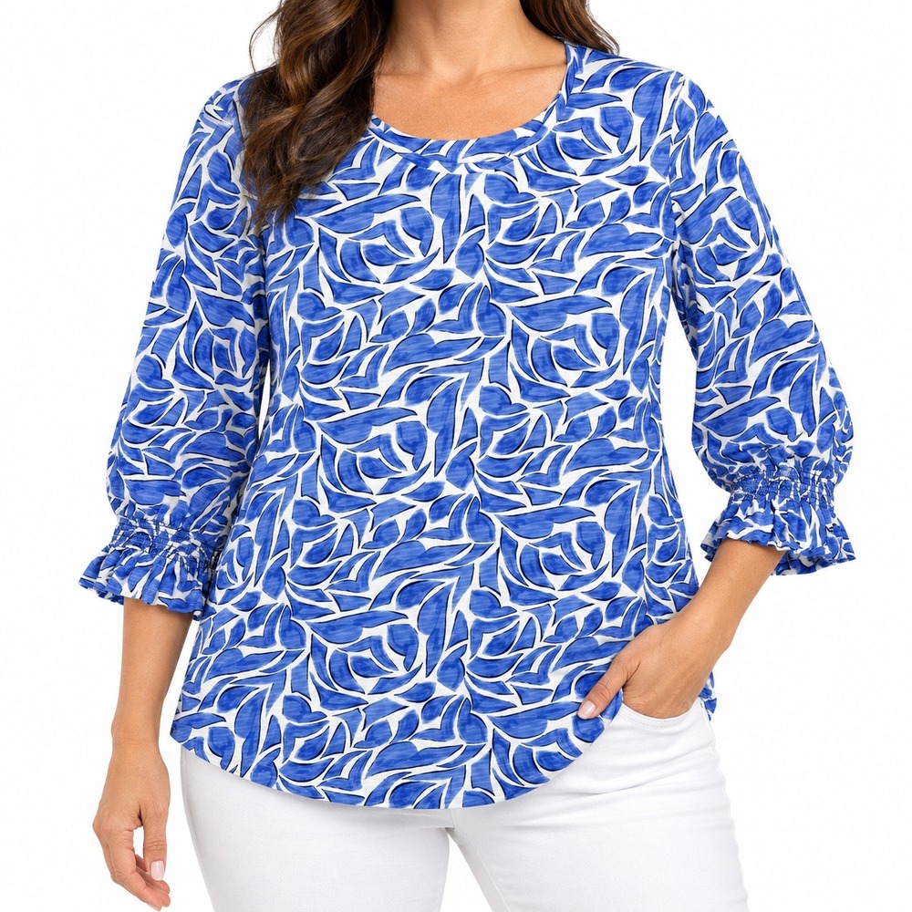 Chico's Abstract Print Top Smocked Cuff Womens 3 XL Blue Coastal Grandma Chic